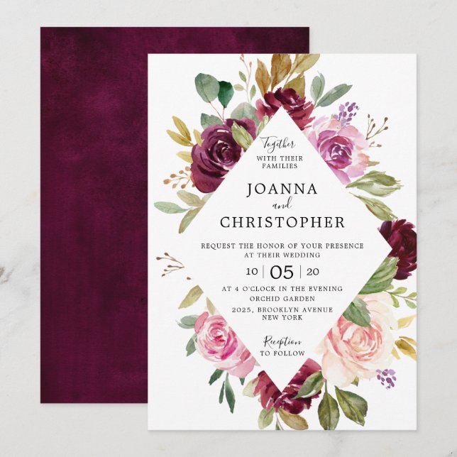 Plum Purple Blush Pink Geometric Floral Wedding Invitation (Front/Back)