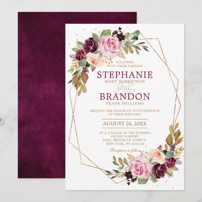 Plum Purple Blush Pink Geometric Floral Wedding Invitation (Front/Back)