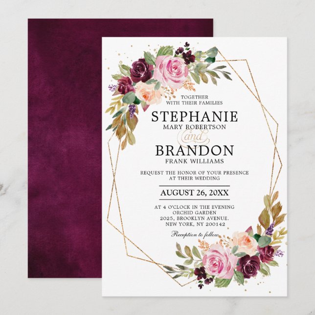 Plum Purple Blush Pink Geometric Floral Wedding Invitation (Front/Back)