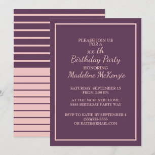 Plum Purple Blush Striped Birthday Party Invite
