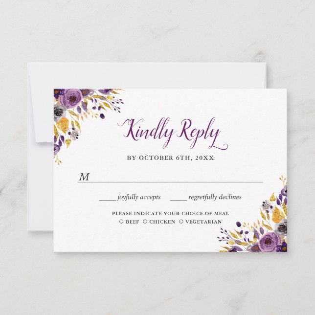 Plum Purple Botanic Floral Gold Glitters Dots RSVP Card (Front)