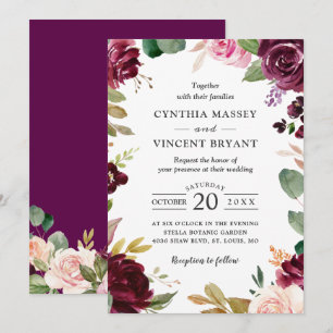 Plum Purple Burgundy Blush Floral Wedding Invitation
