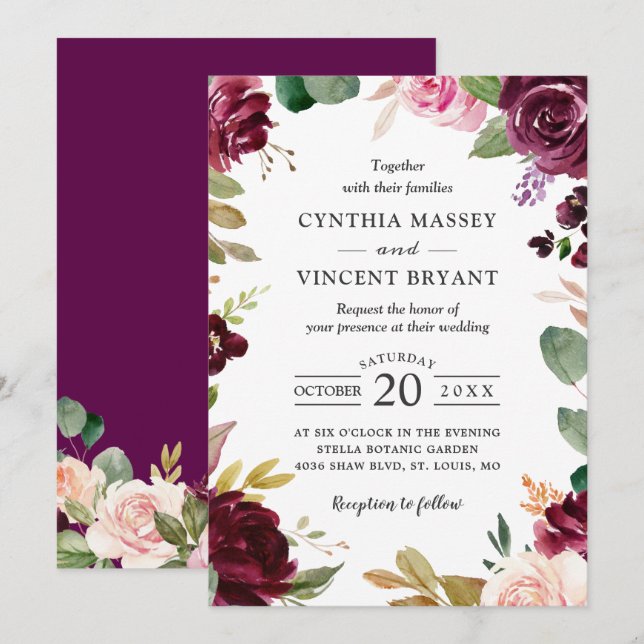 Plum Purple Burgundy Blush Floral Wedding Invitation (Front/Back)