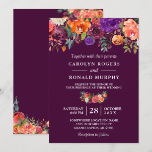 Plum Purple Burgundy Orange Floral Wedding Invitation