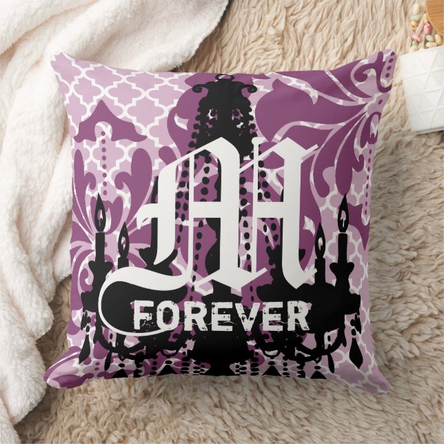 Plum Purple Chandelier Monogram with Wedding Date Cushion (Blanket)