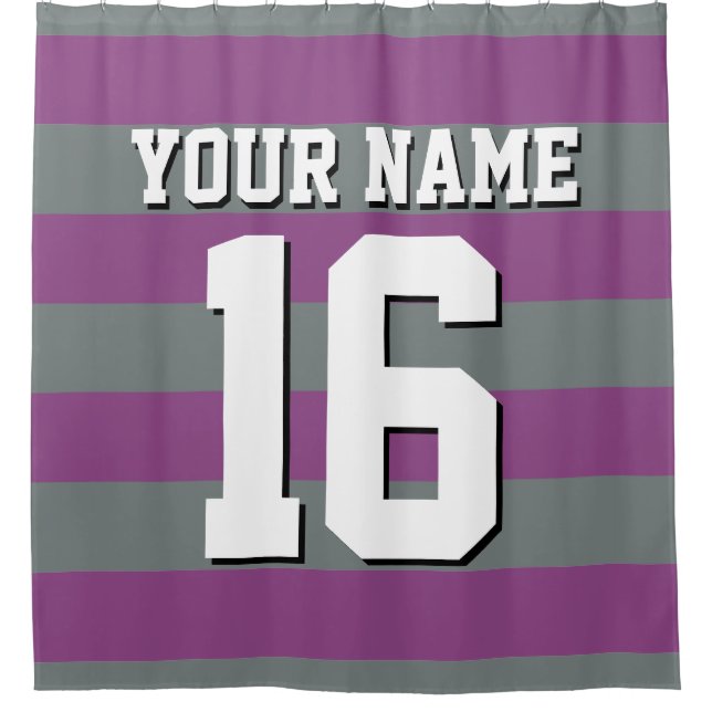Plum Purple Charcoal Sports Jersey Preppy Stripe Shower Curtain (Front)