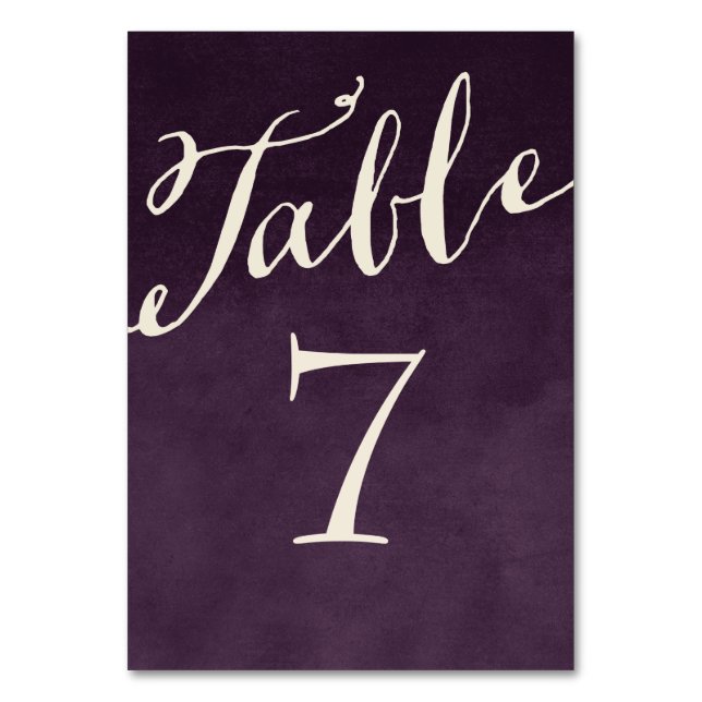 Plum Purple Chic Calligraphy Table Numbers (Front)