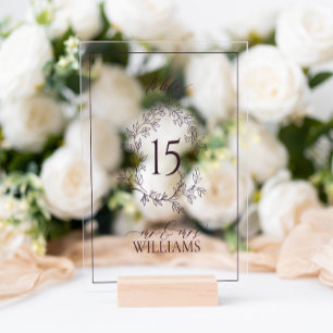 Plum Purple Crest Monogram Wedding Table Number Acrylic Sign