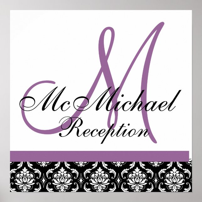 Plum Purple Damask  Monogram Wedding Reception Poster (Front)