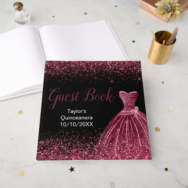 Plum Purple Dress Faux Glitter Quinceanera Guest Book (Front Open)