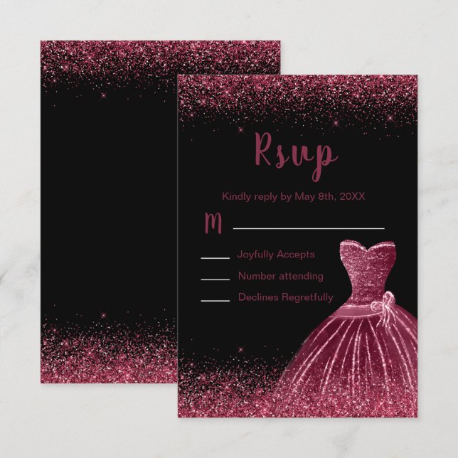 Plum Purple Dress Faux Glitter Quinceanera RSVP Card (Front/Back)