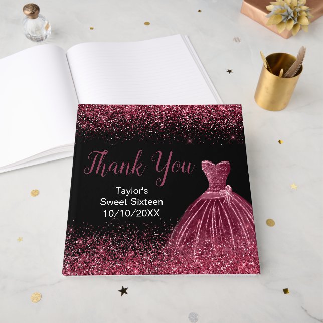 Plum Purple Dress Faux Glitter Sweet 16 Birthday Guest Book (Front Open)