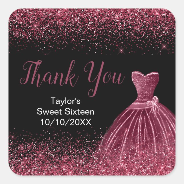 Plum Purple Dress Faux Glitter Sweet 16 Birthday Square Sticker (Front)