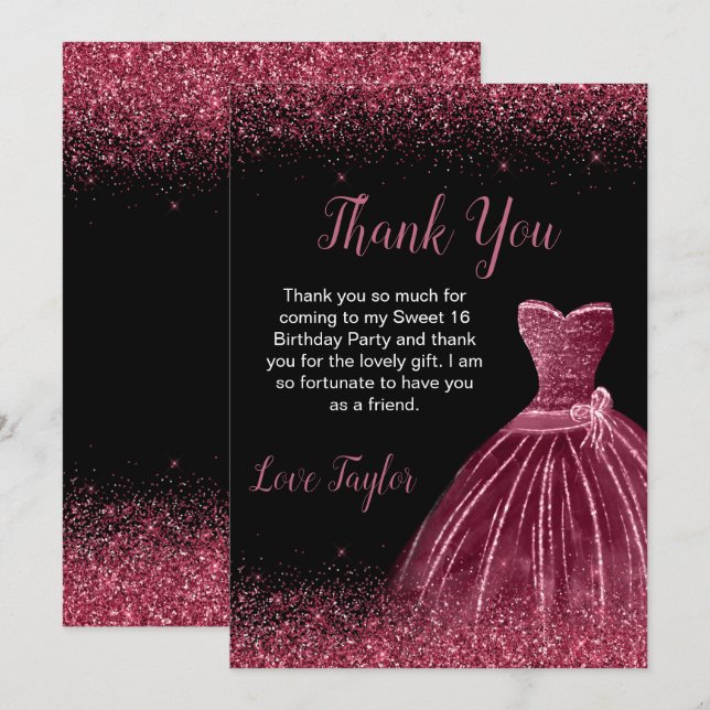 Plum Purple Dress Faux Glitter Sweet 16 Birthday Thank You Card (Front/Back)