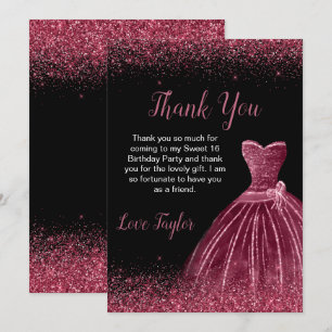 Plum Purple Dress Faux Glitter Sweet 16 Birthday Thank You Card