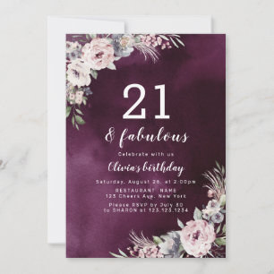 Plum purple & dusty pink boho floral 21st birthday invitation