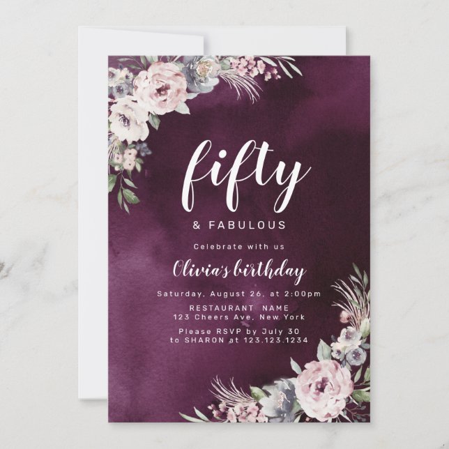 Plum purple & dusty pink boho floral 50th birthday invitation (Front)