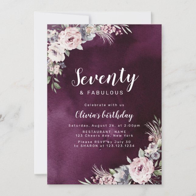 Plum purple & dusty pink boho floral 70th birthday invitation (Front)