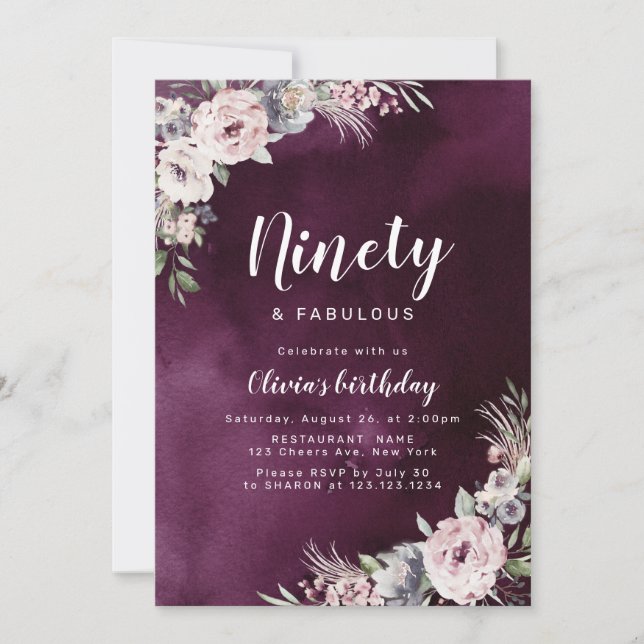 Plum purple & dusty pink boho floral 90th birthday invitation (Front)