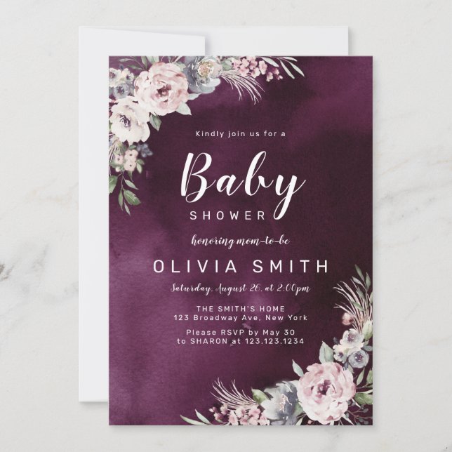 Plum purple & dusty pink boho floral baby shower invitation (Front)
