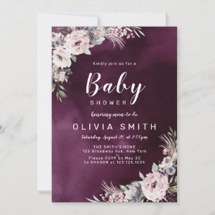 Plum purple & dusty pink boho floral baby shower invitation