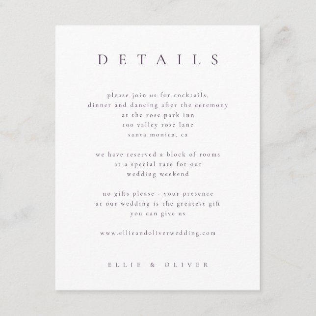 Plum Purple Elegant Boho Details I Wedding Modern Enclosure Card (Front)