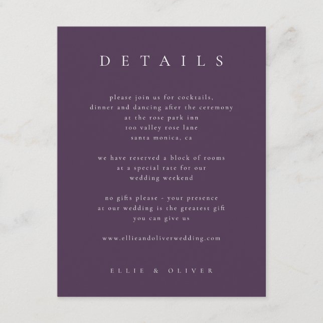 Plum Purple Elegant Boho Details Wedding Modern Enclosure Card (Front)