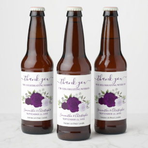 Plum Purple Elegant Boho Roses Wedding Thank You Beer Bottle Label