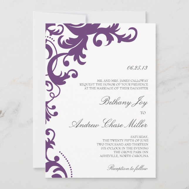 Plum Purple Elegant Damask Wedding Invitation (Front)