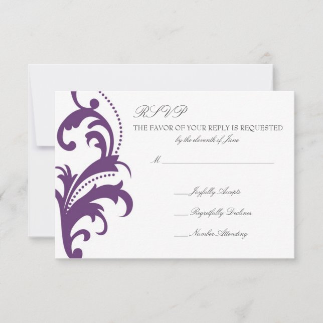 Plum Purple Elegant Damask Wedding RSVP Card (Front)