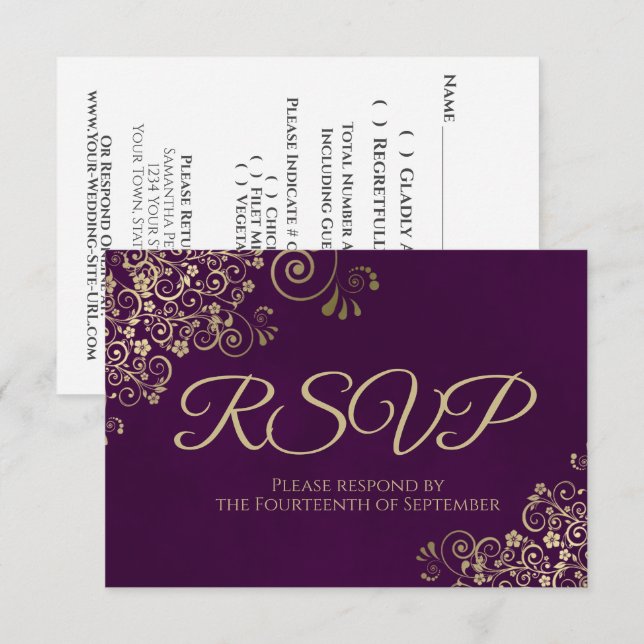 Plum Purple & Elegant Gold Lace Frilly Wedding RSVP Card (Front/Back)