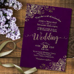 Plum Purple Elegant Lacy Gold Calligraphy Wedding Invitation<br><div class="desc">This beautiful wedding invitation features lacy gold script calligraphy and faux foil curls and swirls on a deep marbled plum purple background. Fancy,  elegant,  stylish and classy,  the lush and glamourous feel of this invite is sure to impress your wedding guests.</div>