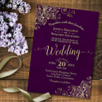 Plum Purple Elegant Lacy Gold Calligraphy Wedding