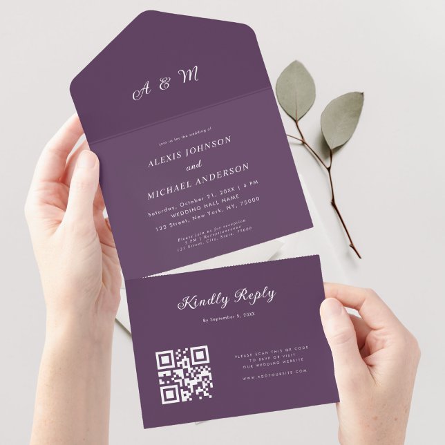 Plum Purple Elegant Monogram QR Code Wedding All In One Invitation (Creator Uploaded)