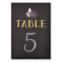 Plum Purple Faux-Gold Chalk Floral Table Number