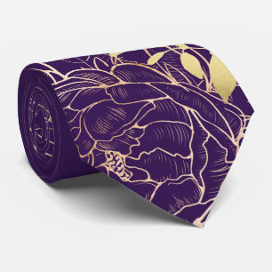 Plum Purple Faux Gold Peony Modern Floral Wedding Tie