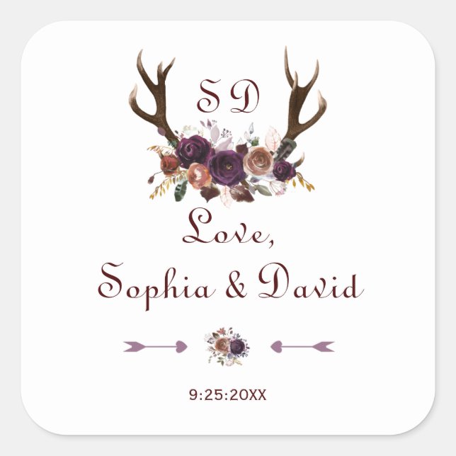Plum Purple Floral Antlers Wedding Square Sticker (Front)