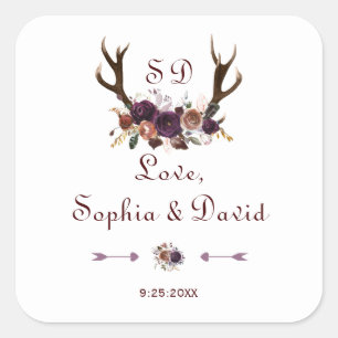 Plum Purple Floral Antlers Wedding Square Sticker