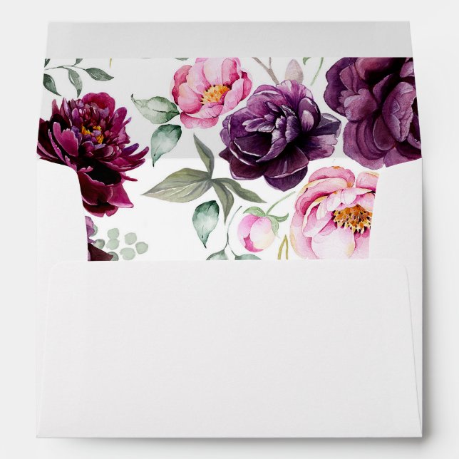 Plum Purple Floral Bohemian Watercolors Wedding Envelope (Back (Bottom))