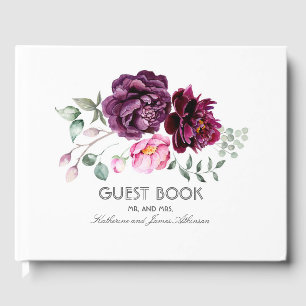 Plum Purple Floral Bouquet Watercolor Wedding Guest Book