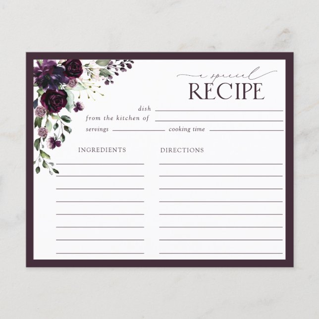 Plum Purple Floral Bridal Shower Recipe Card (Front)