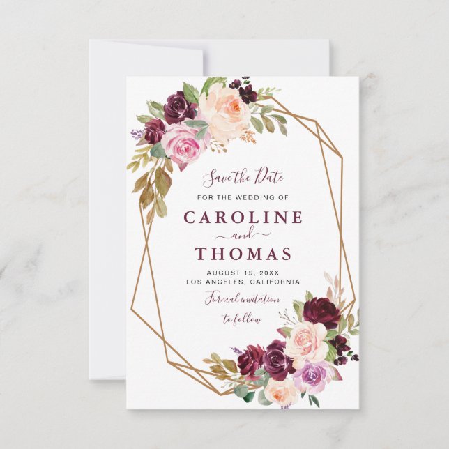 plum purple floral geometric save the date card (Front)