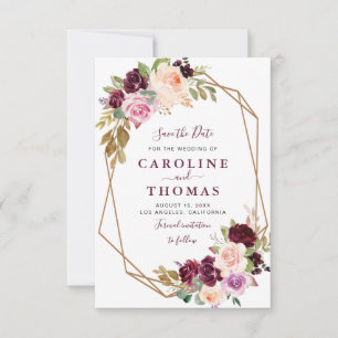 plum purple floral geometric save the date card