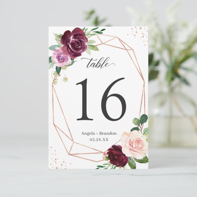 Plum Purple Floral Geometric Wedding Table Number (Standing Front)