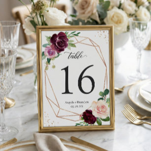 Plum Purple Floral Geometric Wedding Table Number