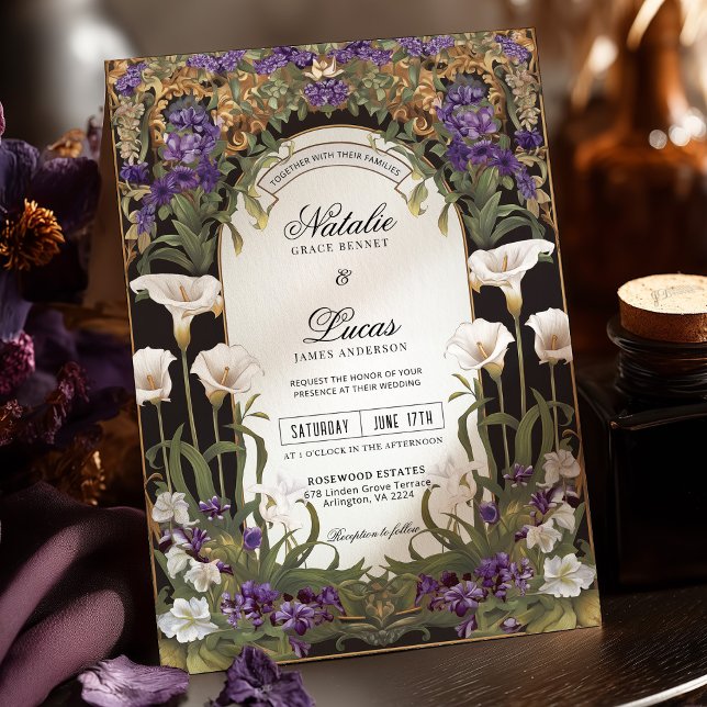 Plum Purple Floral Gothic Art Nouveau Wedding Invitation (Creator Uploaded)