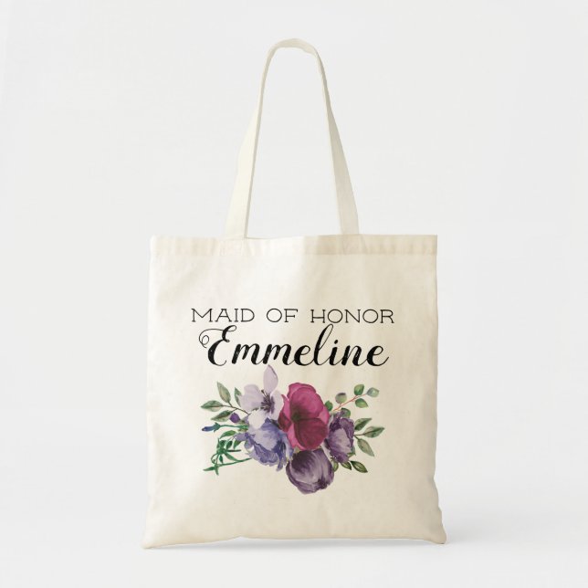 Plum Purple Floral Greenery Maid of Honour Tote Bag (Front)