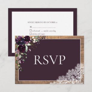 Plum Purple Floral Lace Wood Wedding RSVP Card