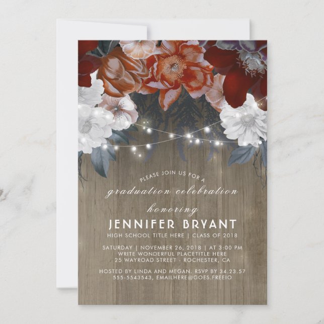 Plum Purple Floral Lights Rustic Graduation Party Invitation (Front)