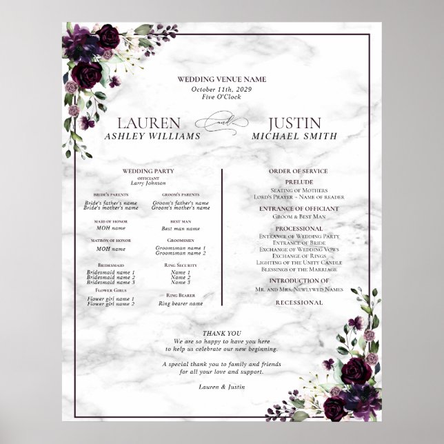 Plum Purple Floral Marble Wedding Program Poster (Front)